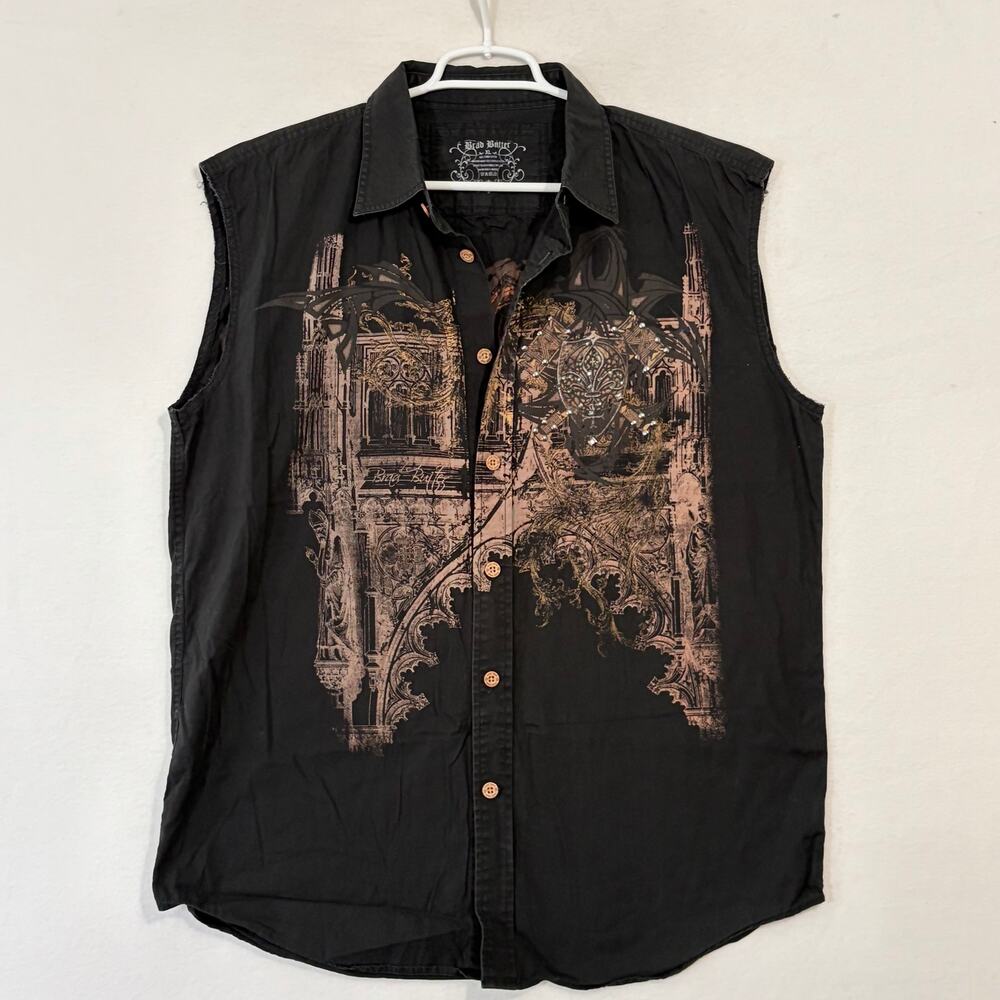 Brad Butter Button Down Sleeveless Biker Shirt Men's XL Y2K Vintage Rhinestones